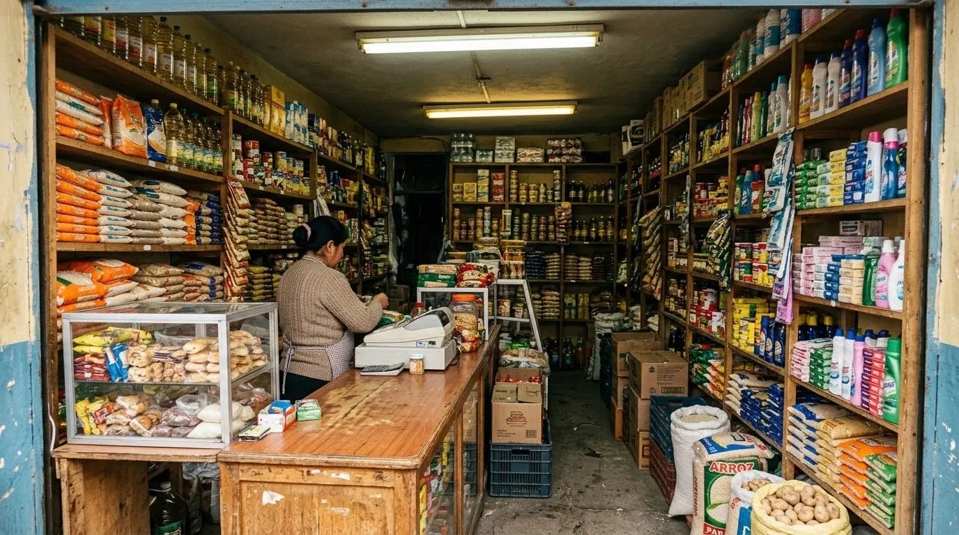 Interior de una tienda de barrio surtida con productos de primera necesidad